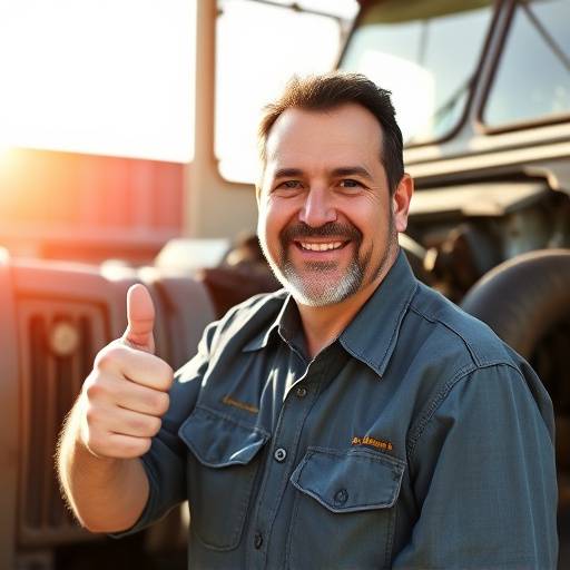 David Thompson, giving a thumbs-up in front of his truck after a major engine repair.