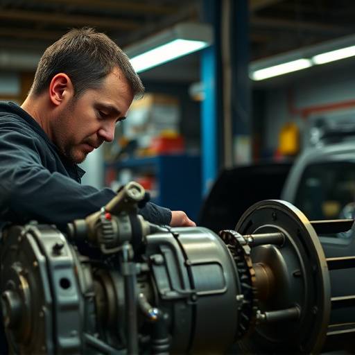 Mechanic inspecting a transmission