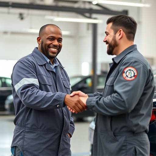 Michael Johnson, shaking hands with a Precision Auto mechanic after a successful repair.